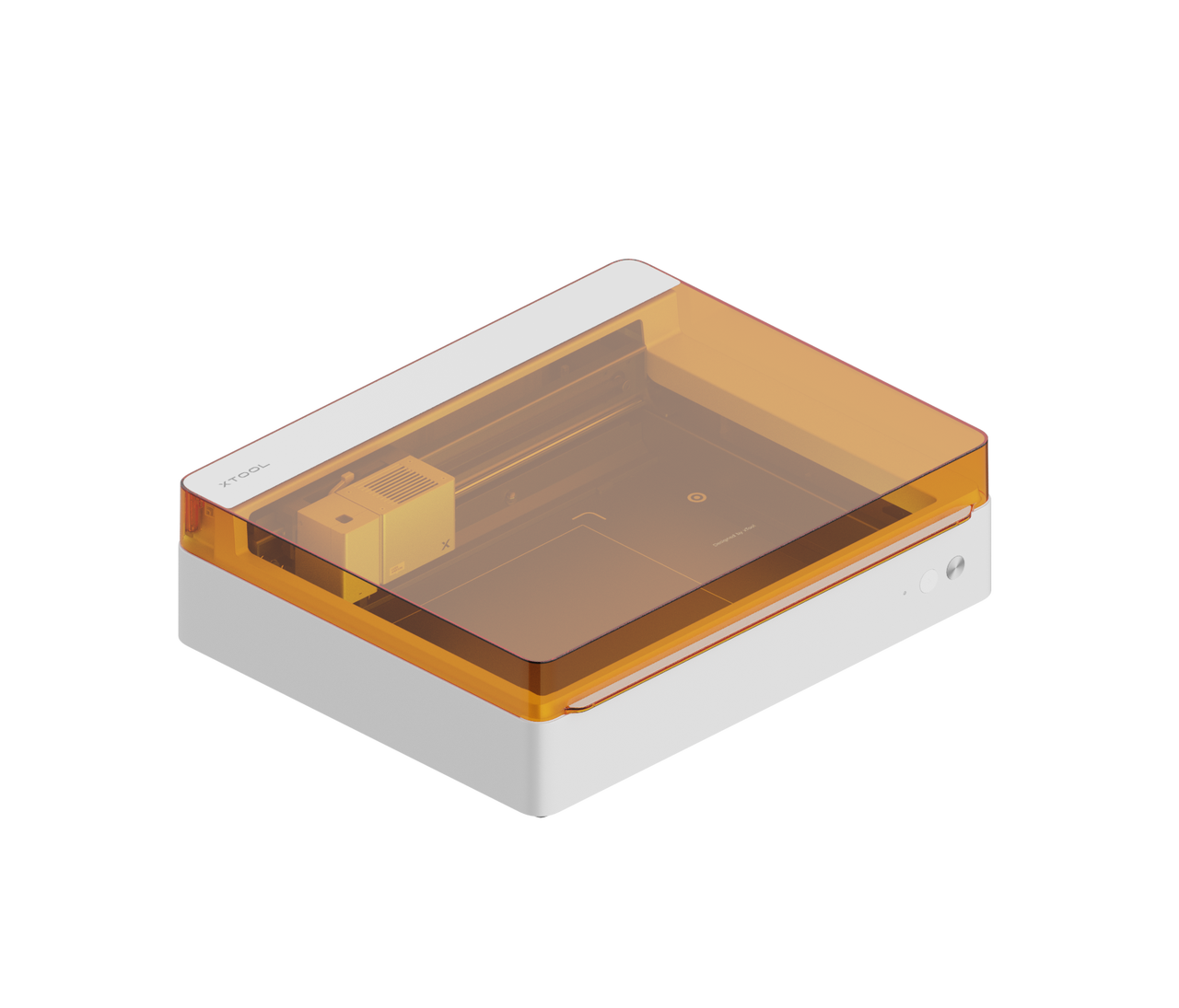 xTool M1 Ultra 10W Laser- und Schneidemaschine in schräger Draufsicht mit geschlossenem orangefarbenem Sicherheitsdeckel.