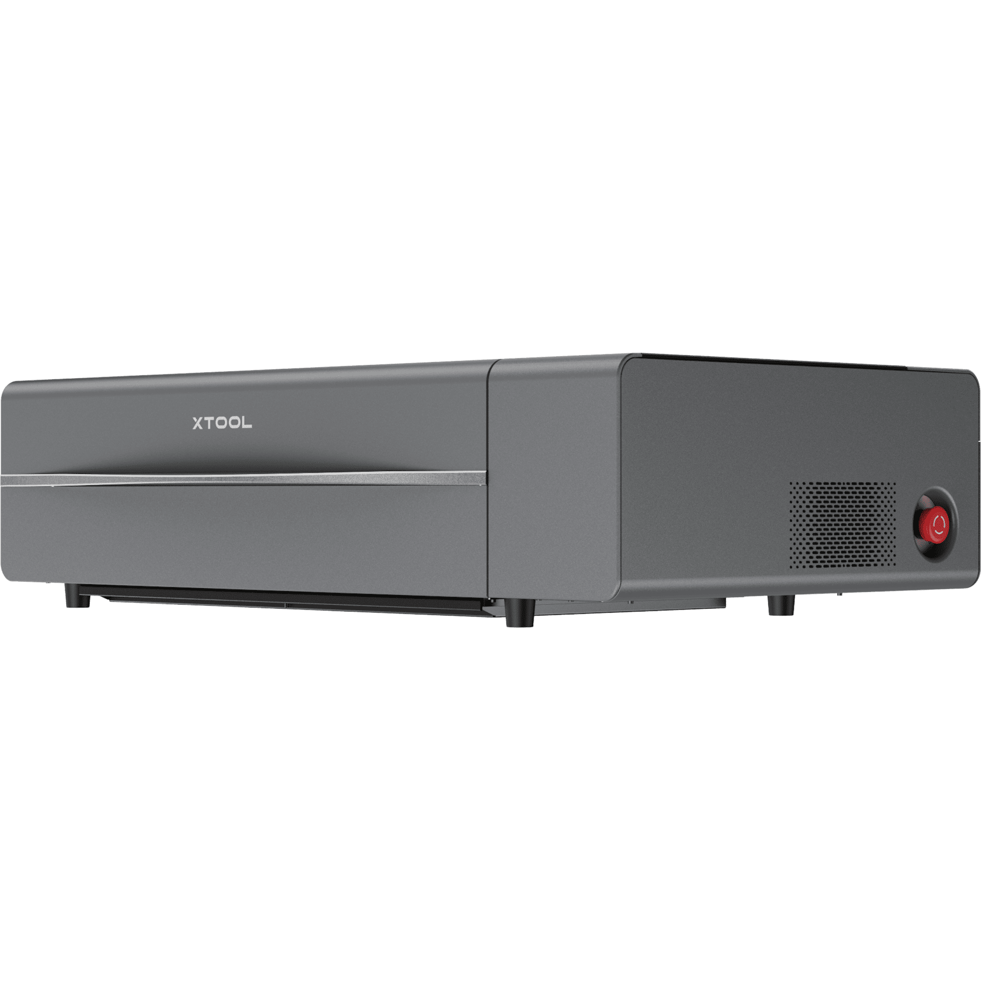 xTool P2 55W CO2 Desktop Laser Cutter in schwarzer Ausführung, seitliche Schrägeansicht mit sichtbarem Not-Aus-Schalter und Lüftungsgitter.