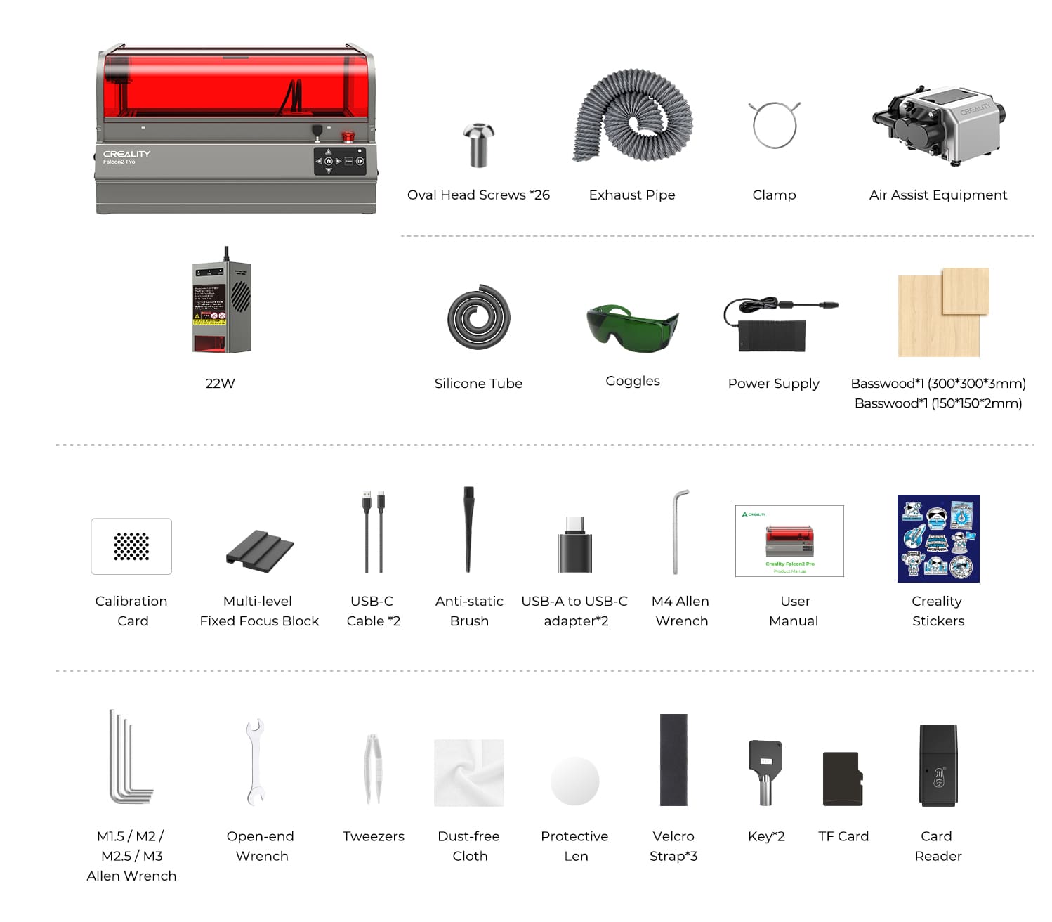 Creality Falcon2 Pro 22W Lasergravierer mit komplettem Zubehörset, inklusive Air Assist, Schutzbrille, Basswood-Platten, Kabeln, Werkzeugen und Kalibrierungshilfen.
