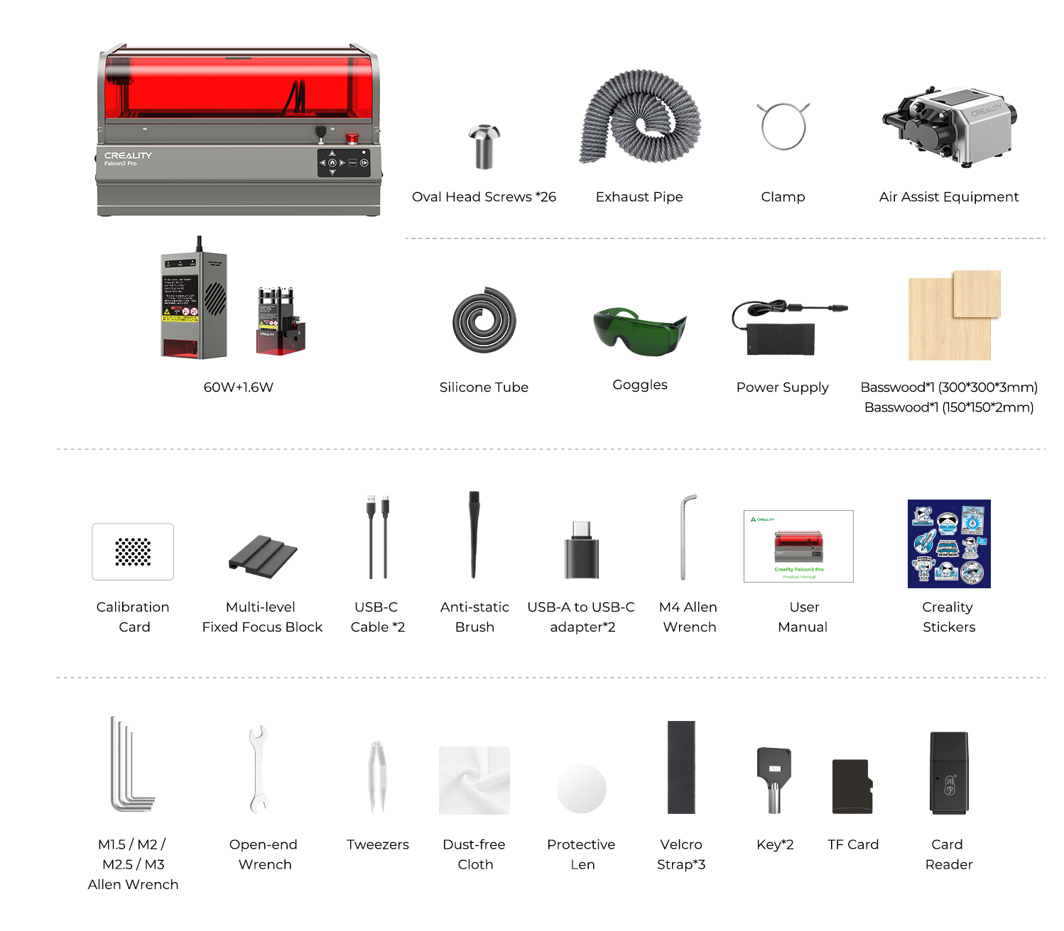 Creality Falcon2 Pro 60W Lasergravierer mit komplettem Zubehörset, inklusive Air Assist, Schutzbrille, Basswood-Platten, Kabeln, Werkzeugen und Kalibrierungshilfen.