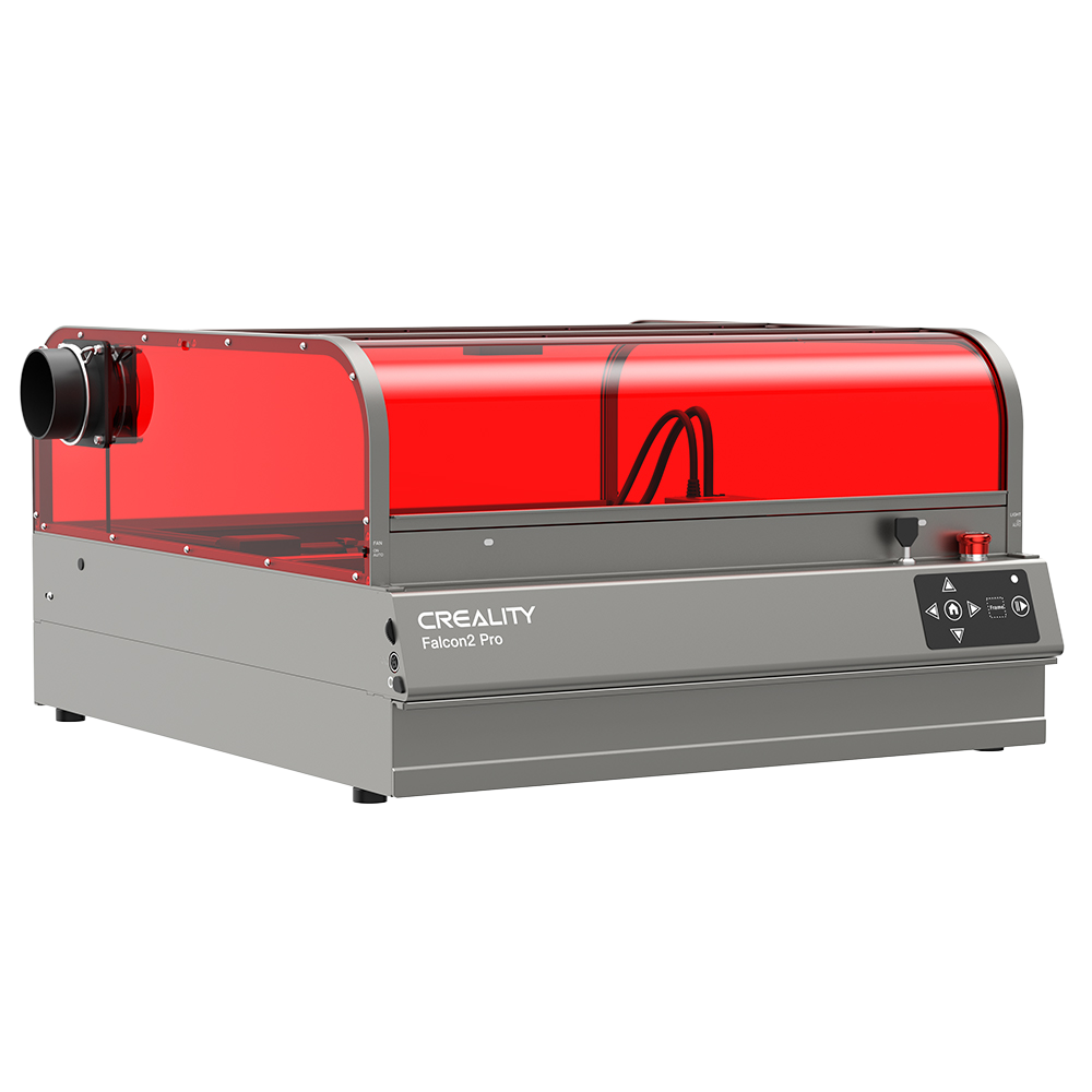 Creality Falcon2 Pro Lasergravierer mit grauem Gehäuse und roter Schutzhaube, linke Seitenansicht, Hochleistungs-Lasermaschine für Gravur und Schnitt.