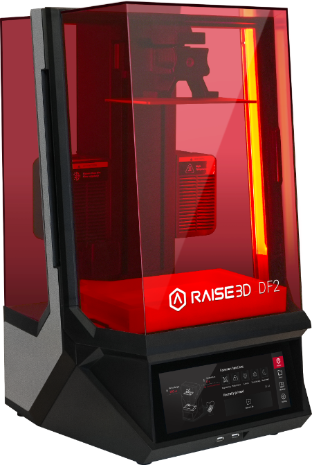 Raise3D DF2 Resin-3D-Drucker in seitlicher Frontansicht mit roter UV-Schutzhaube und Touchscreen-Steuerung.
