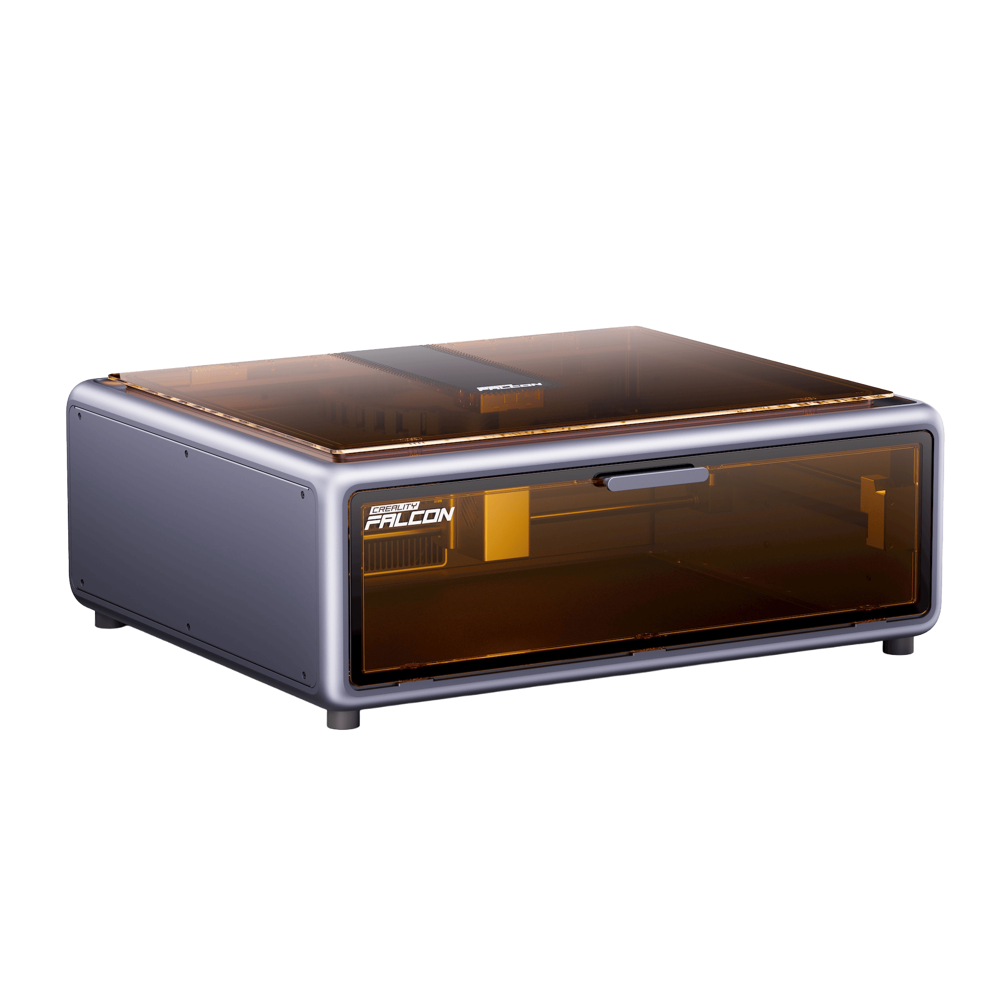 Creality Falcon A1 Lasergravierer – Schrägansicht mit geschlossenem Gehäuse und getönter Sicherheitsabdeckung.
