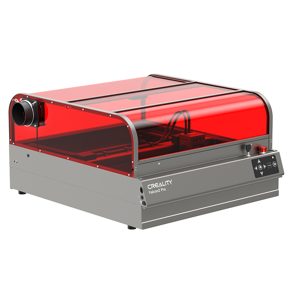 Creality Falcon2 Pro Lasergravierer in Grau mit roter Schutzhaube, schräg von vorne, leistungsstarke Lasergravur- und Schneidemaschine.