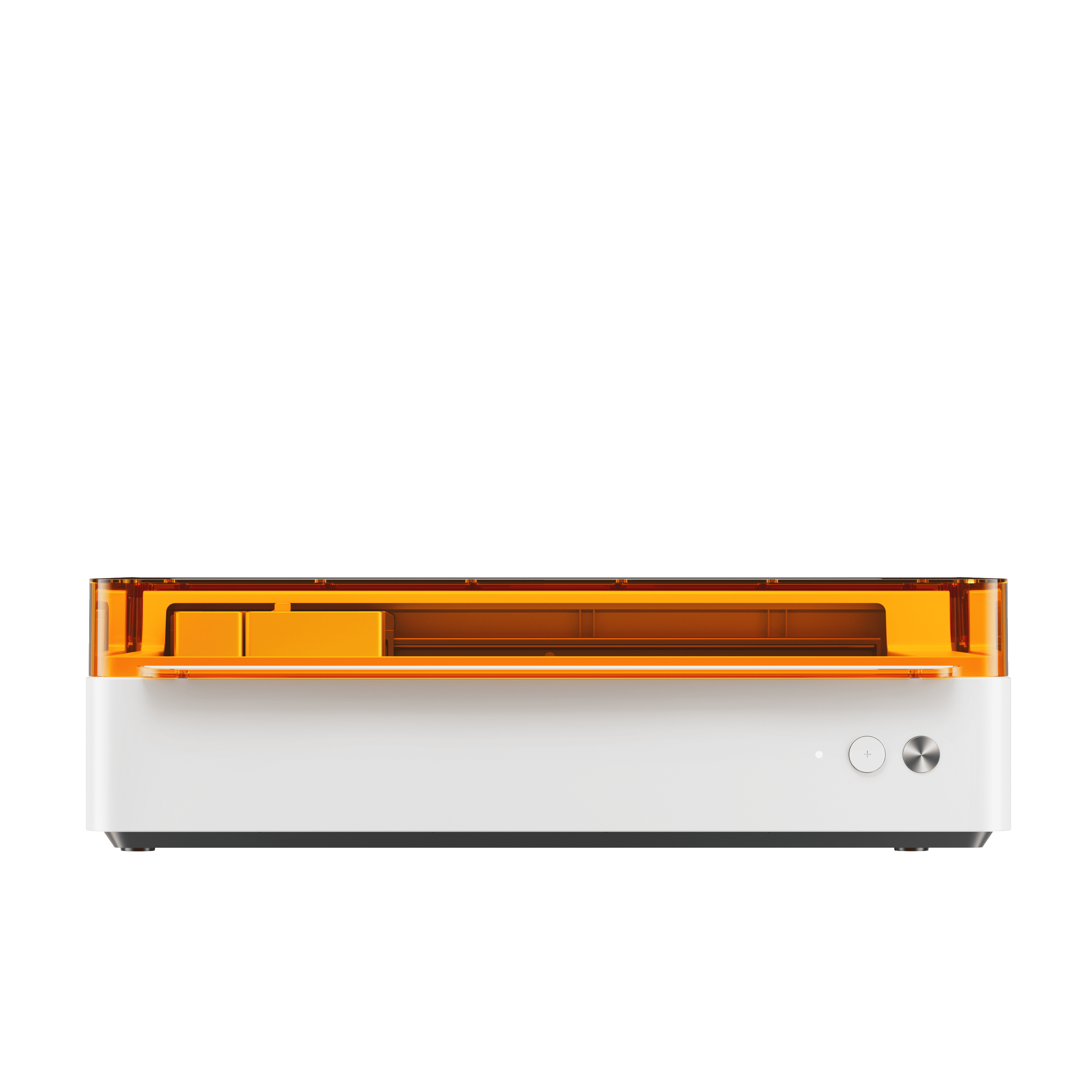 xTool M1 Ultra 20W Laser- und Schneidemaschine in geschlossener Frontansicht mit orangener Schutzabdeckung und Bedienknopf.