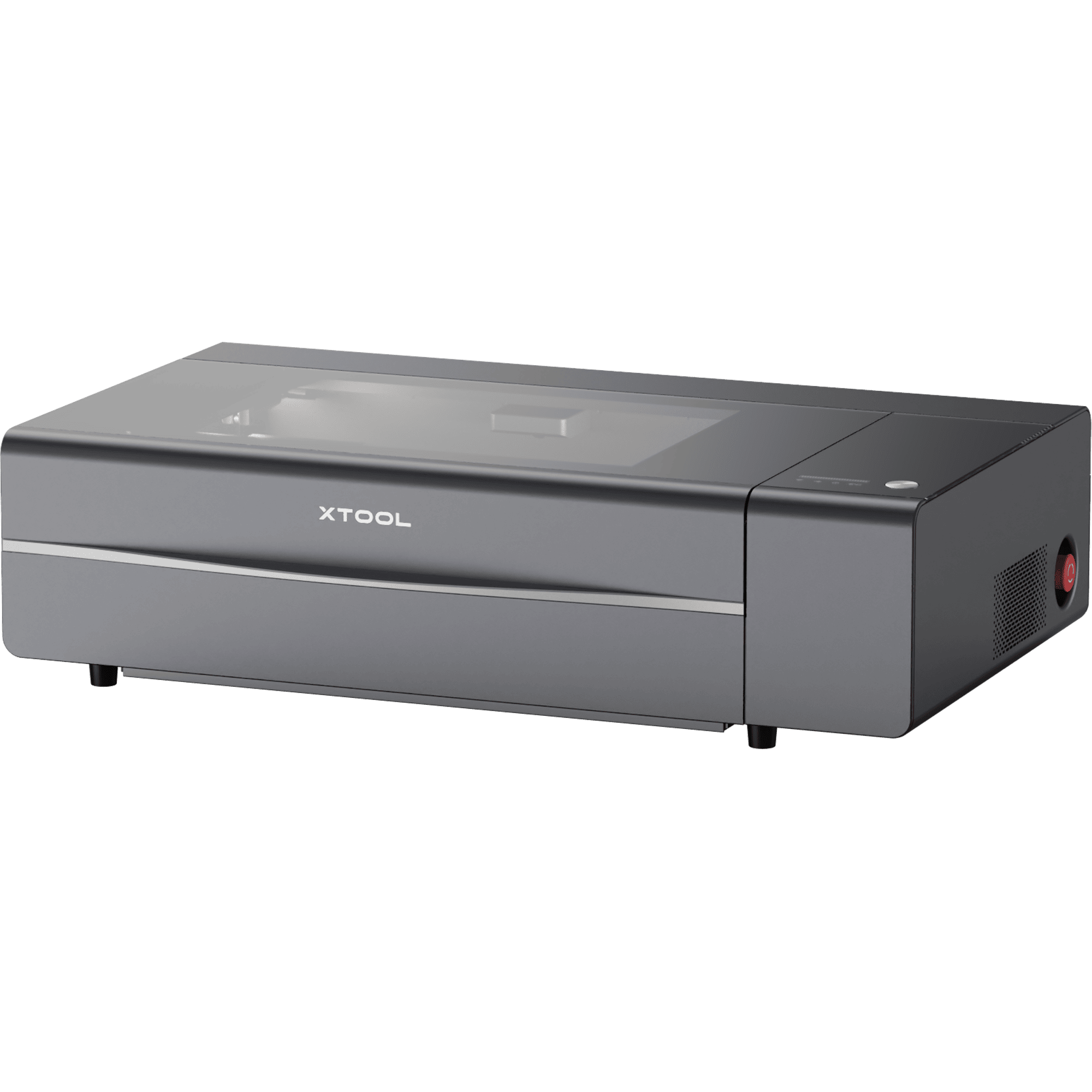 xTool P2 55W CO2 Desktop Laser Cutter in schwarzer Ausführung, Vorder- und Seitenansicht mit Sichtfenster, Bedienknopf und Not-Aus-Schalter.