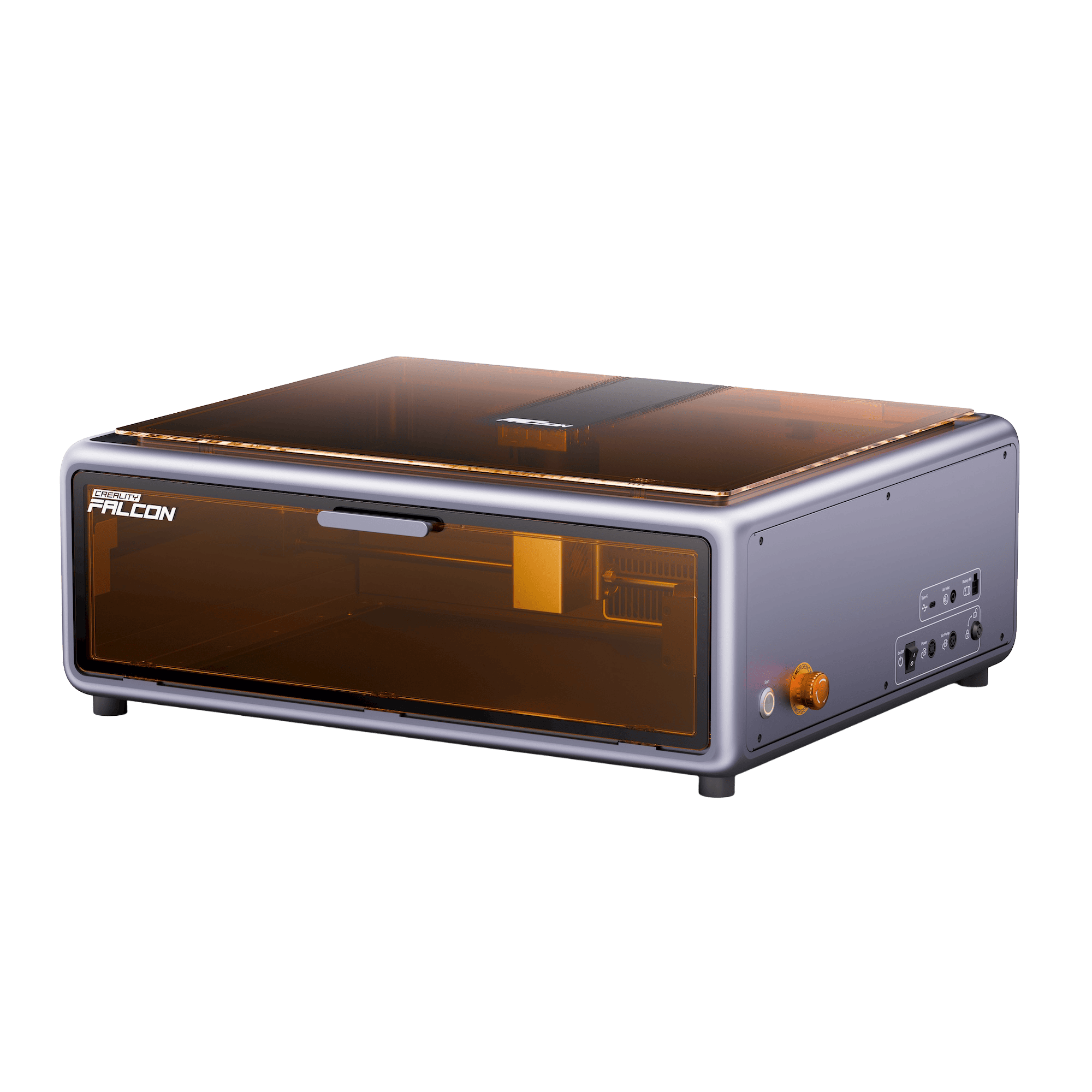 Creality Falcon A1 Lasergravierer – Schrägansicht mit geschlossener Sicherheitsabdeckung und sichtbaren Anschluss- und Bedienelementen.