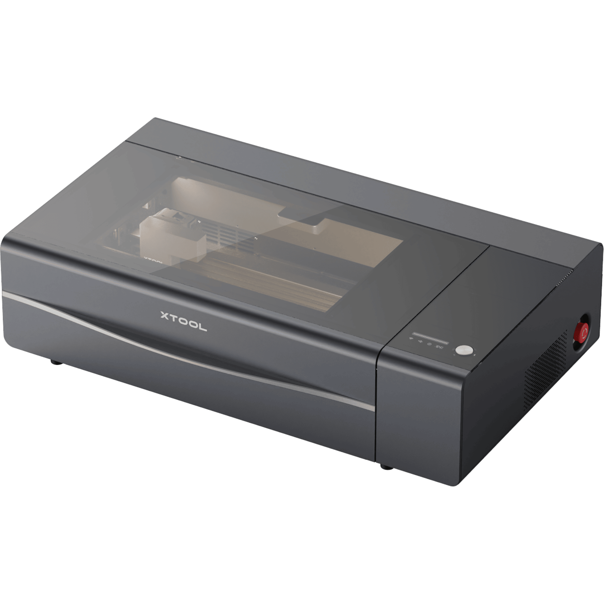 xTool P2 55W CO2 Desktop Laser Cutter in schwarzem Gehäuse mit Sichtfenster und moderner Bedienoberfläche.