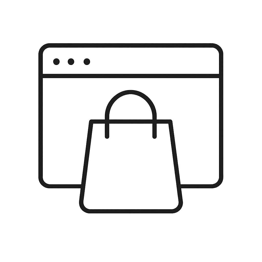 Icon für Onlineshop – Einkaufstasche vor einem Browserfenster als Symbol für digitalen Handel