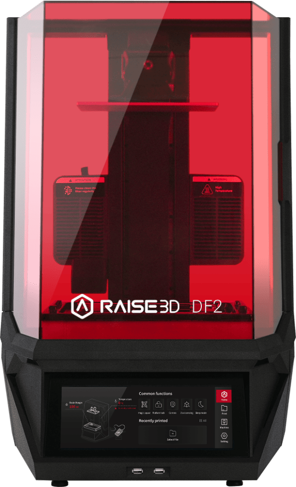 Raise3D DF2 Resin-3D-Drucker mit roter Schutzabdeckung und Touchscreen-Steuerung in der Frontansicht.