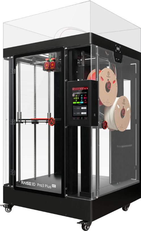 Raise3D Pro3 Plus HS 3D-Drucker mit großem Bauraum, Dual Extruder und Filamentrollen in der rechten Seitenansicht