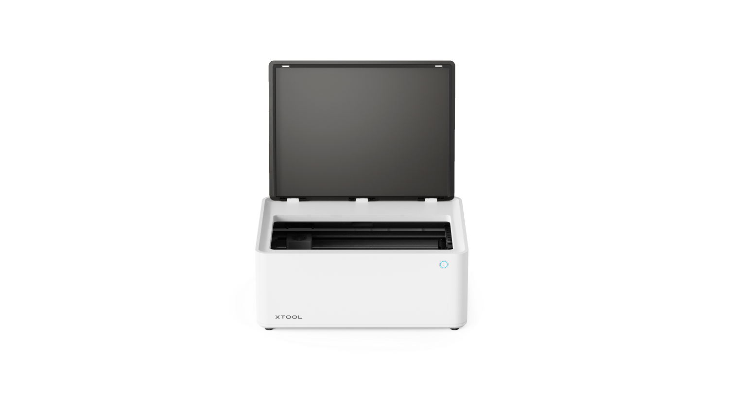 xTool M1 10W Desktop Hybrid Laser- und Schneidemaschine in geöffneter Ansicht mit sichtbarem Arbeitsbereich.