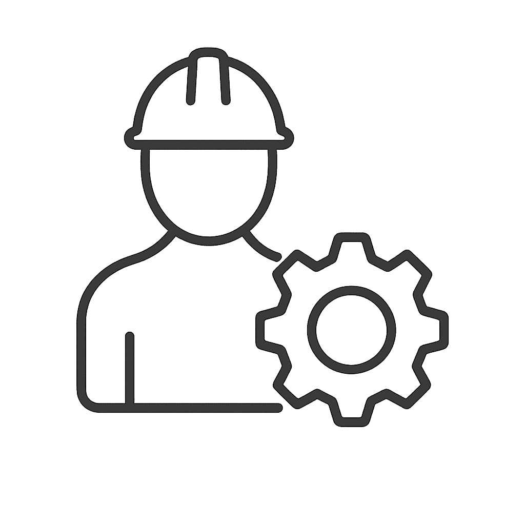 Icon für Engineering – Person mit Helm und Zahnrad als Symbol für technische Entwicklung