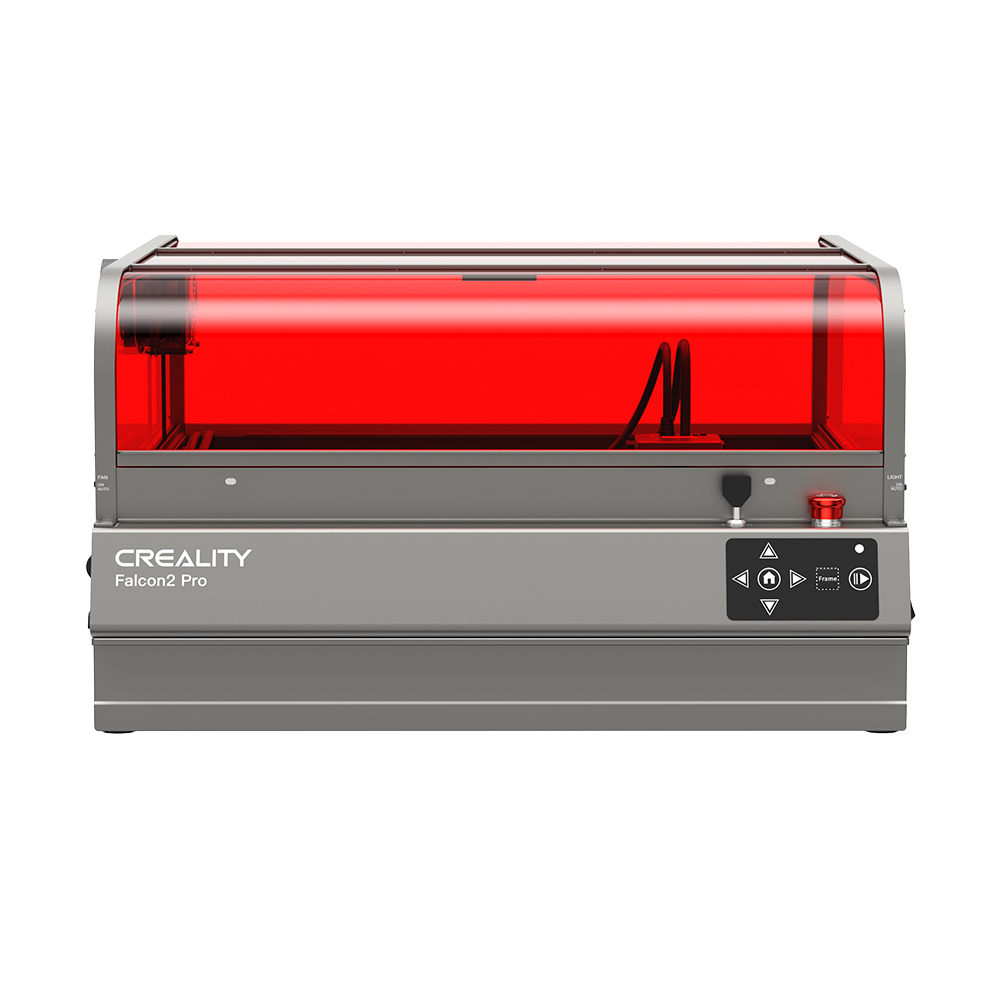 Creality Falcon2 Pro Lasergravierer mit geschlossener Schutzhaube in Grau-Rot, hochwertige Lasergravur- und Schneidemaschine.