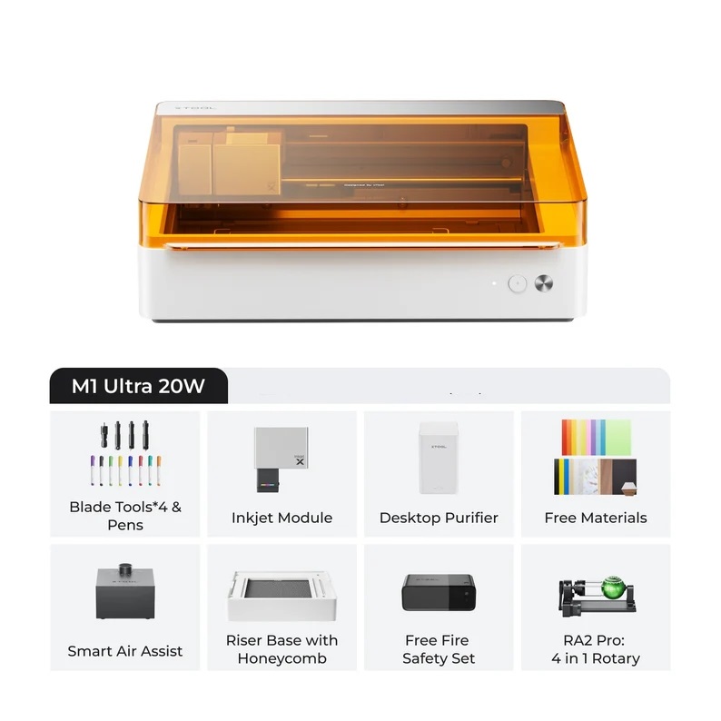 xTool M1 Ultra 20W Komplettset mit Laser- und Schneidemaschine, Zubehör wie Blade Tools, Inkjet Module, Desktop Purifier, Smart Air Assist, Riser Base mit Honeycomb, Fire Safety Set und RA2 Pro Rotary.