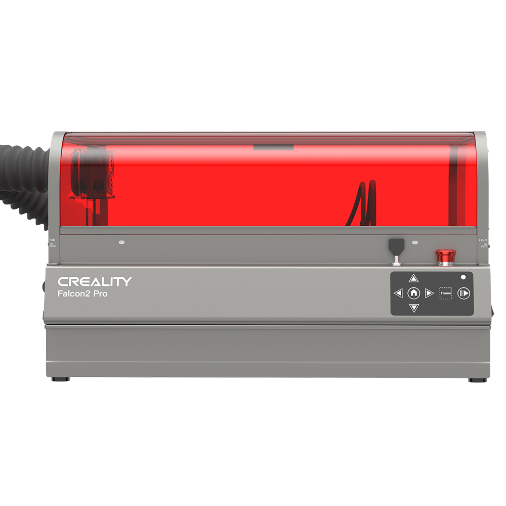 Creality Falcon2 Pro Lasergravierer mit roter Schutzhaube und angeschlossenem Abluftschlauch, Seitenansicht rechts, professionelle Lasermaschine.